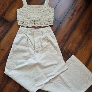 Linen Pleated Wide Leg Pant/Crochet Crop Top